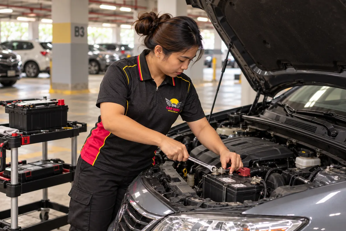 Car Hero technician checking a car battery with the hood open in Dubai