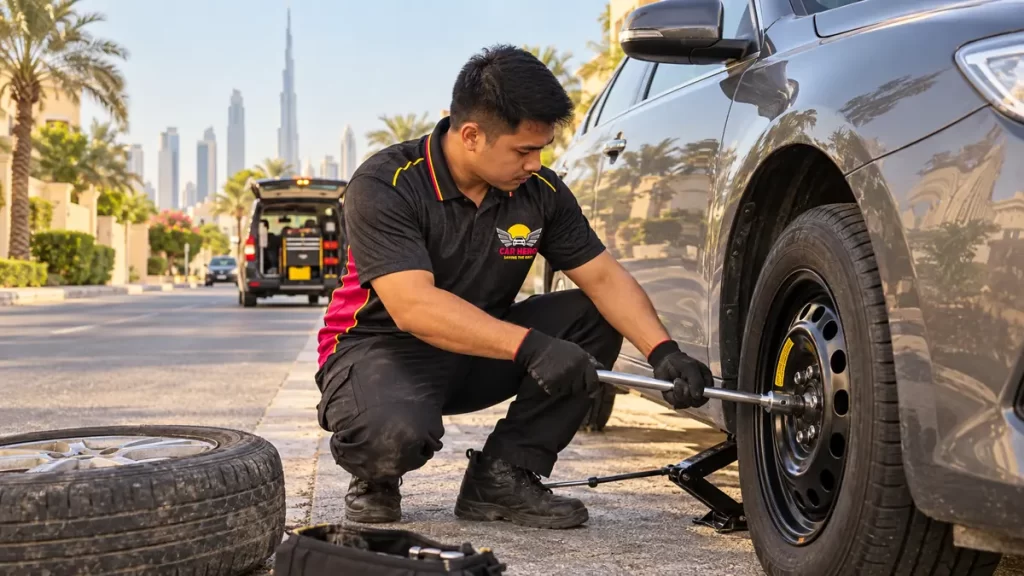 Car Hero technician changing a tyre at the roadside in Dubai