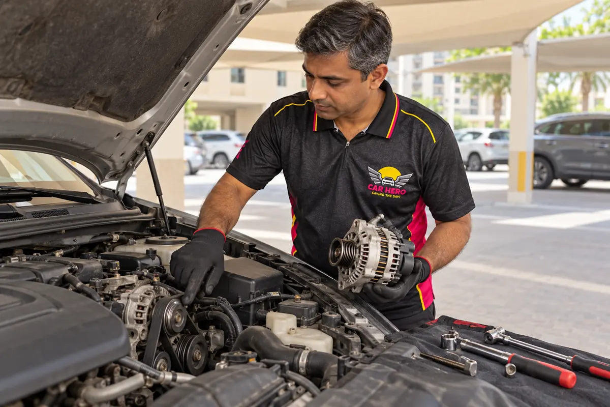 Car Hero technician replacing an alternator during a major repair in Dubai