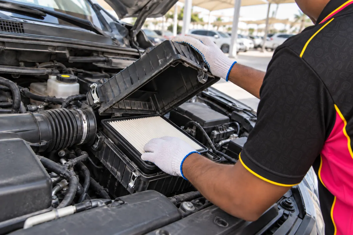 Car Hero technician fitting an engine air filter during minor maintenance in Dubai