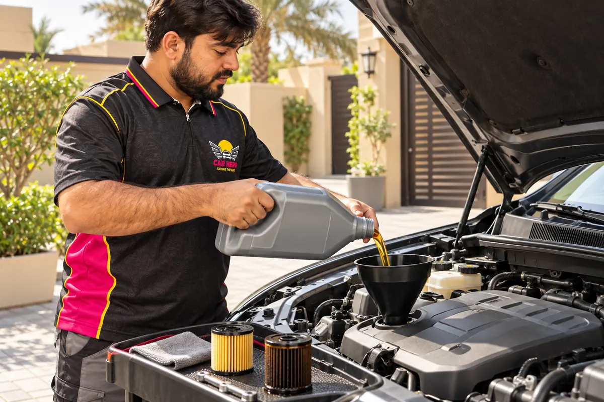 Car Hero technician adding engine oil during a mobile oil service in Dubai