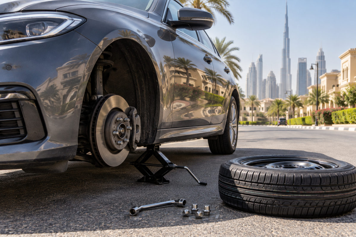 Car on a jack with a spare tyre ready for fitting